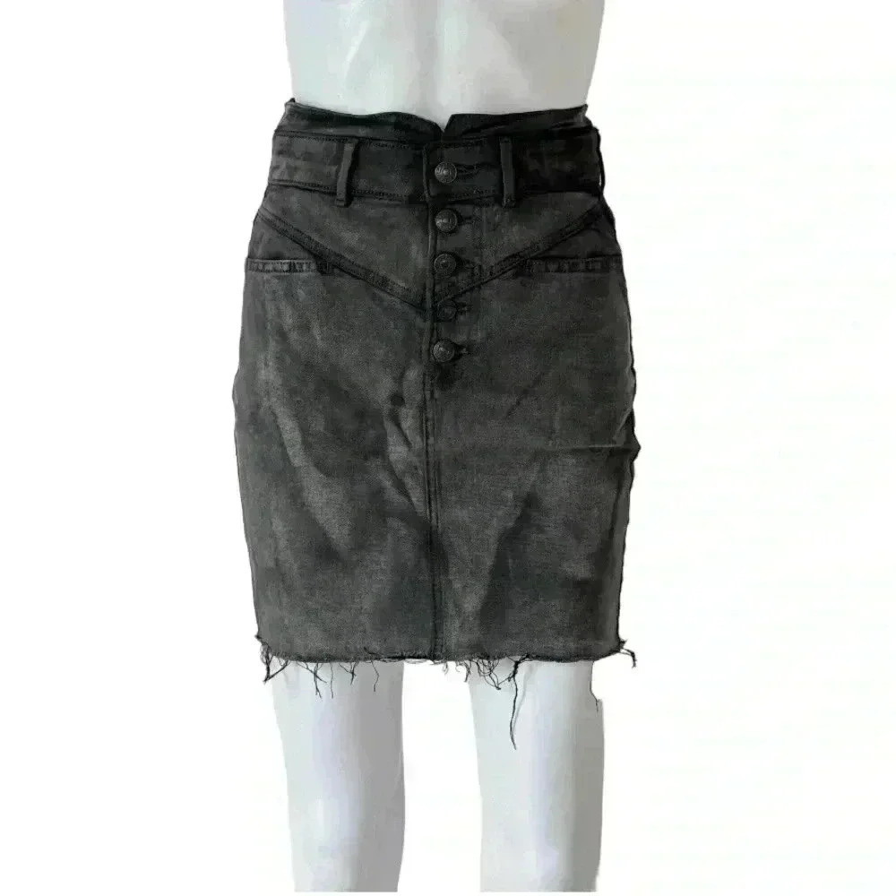 Express Super High Waisted Button Fly Raw Hem Denim Skirt